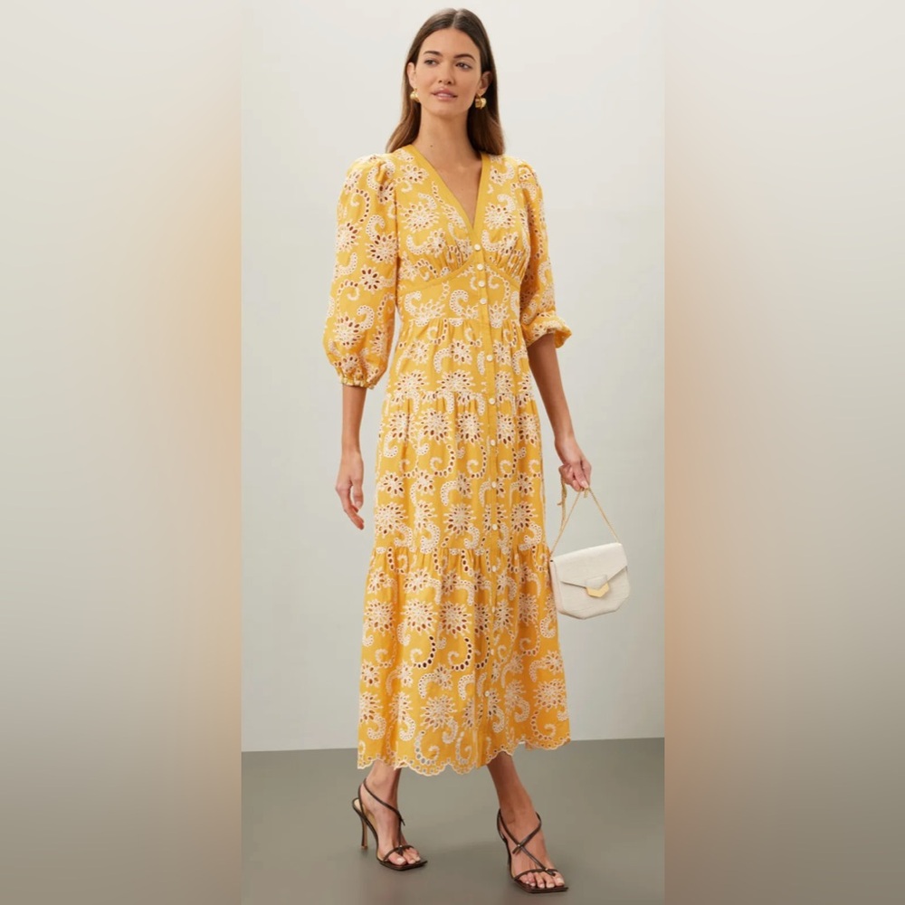Shoshanna Yellow Embroidered Eyelet Long Sleeve Midi Dress Size 4